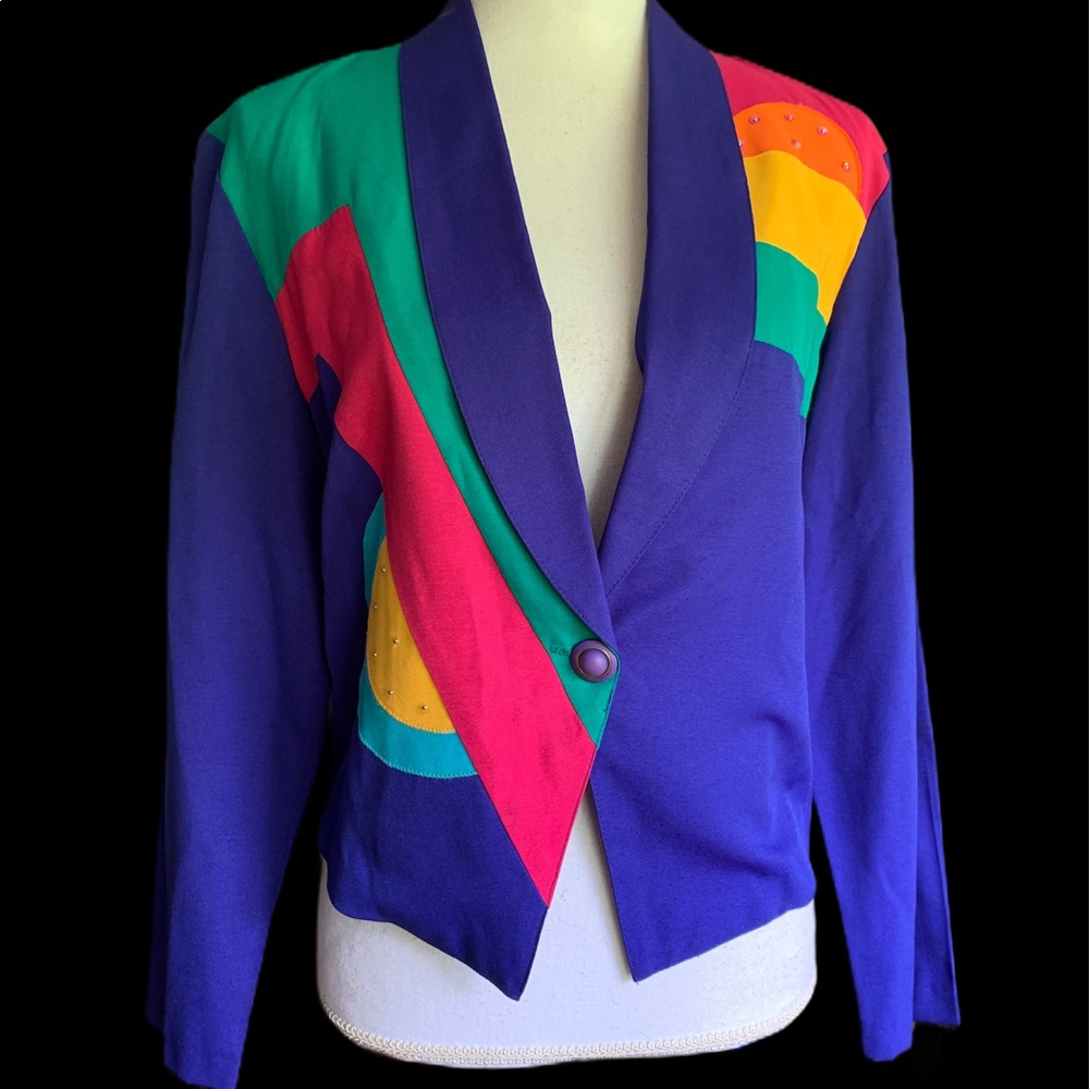 Vtg 80’s City Girl Blue Rainbow Cropped Blazer 6